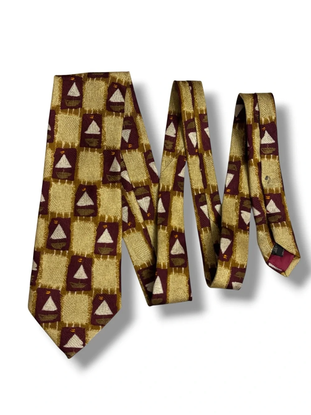 ERMENEGILDO ZENGA Yellow, Tan, & Red Silk Square Pattern Sailboats Tie VINTAGE